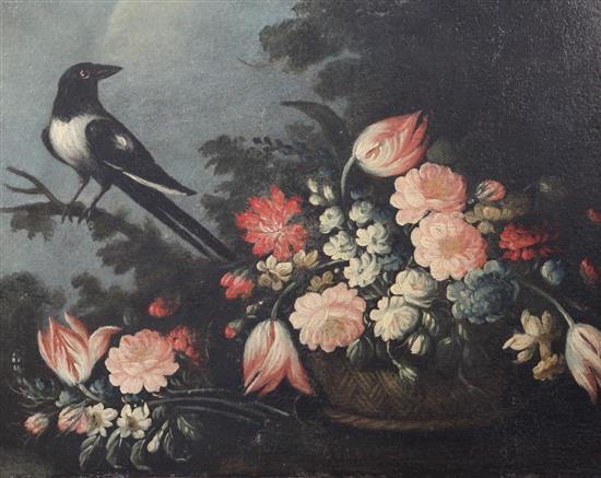18th Century Neapolitan School Still life of mixed flowers and a magpie 23 x 28in.